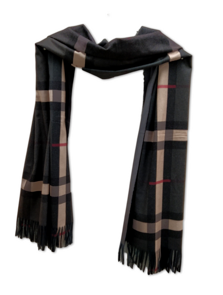 A smooth pashmina weight scarf One side has check of beige and pink and the other is plain medium grey