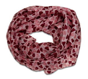 A silk scarf with a design of pink hearts