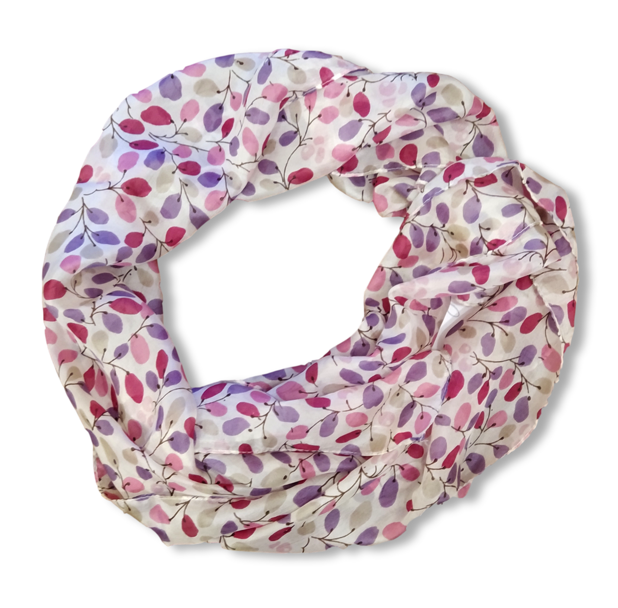 SS031 Cream with Purple Leaves Silk Scarf