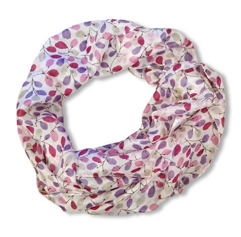 SS031 Cream with Purple Leaves Silk Scarf