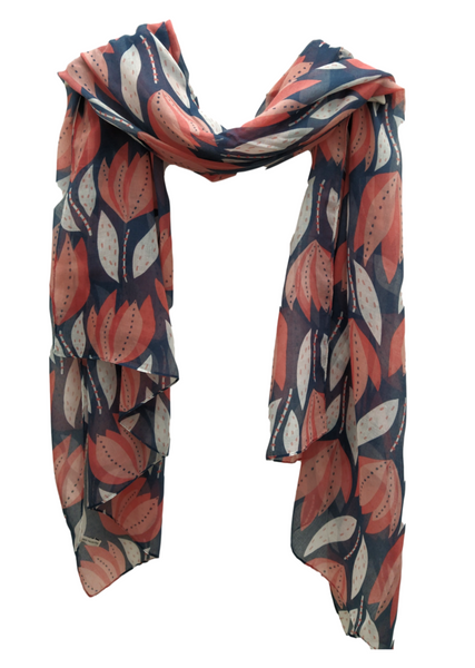 SC114 Thin navy and coral scarf