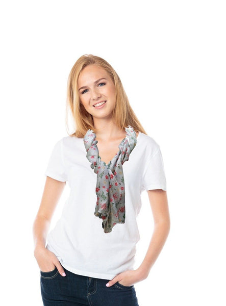 A grey silk scarf with flowers