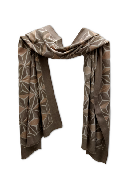 A pashmina weight scarf, with a geometric pattern in grey, cream and beige