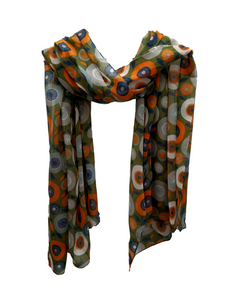 A lightweight scarf with a retro design of stylized flowers