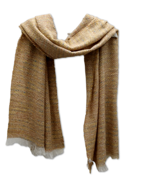 A beautifully soft woven scarf in beige and gold, with flecks on blue and yell